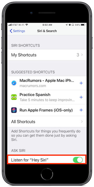 Screenshot: telling iPhone or iPad to listen for "Hey Siri"