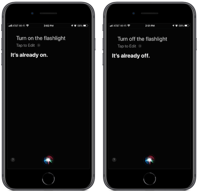 Screenshots: Siri lets you know the flashlight is already on when you ask it to be turned on a second time. Same thing for "off."