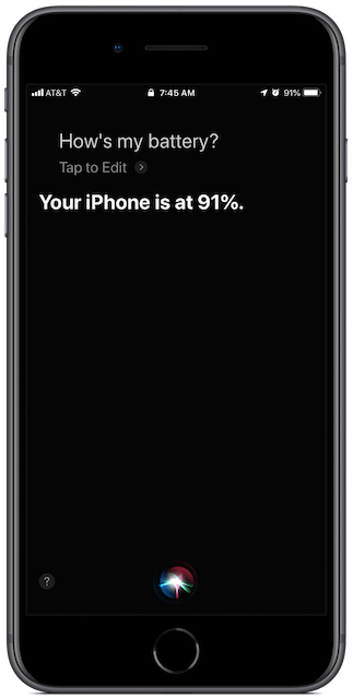 Screenshot: ask Siri to show you your iPhone's battery charge percentage.