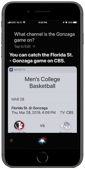 Ask Siri about which TV channel the game starts.