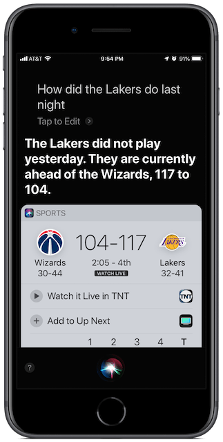 Screenshot: ask Siri how your team did.