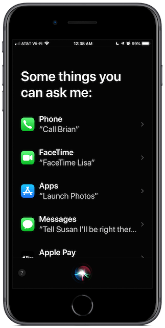 Screenshot: Siri cheat sheet on iPhone 8 Plus