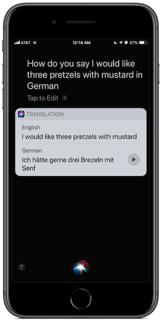 iPhone Siri screenshot: how do you say "I would like three pretzels with mustard" in German?