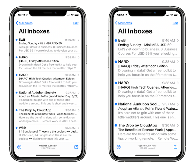 Mail app: default text size on the left, enlarged text size on the right