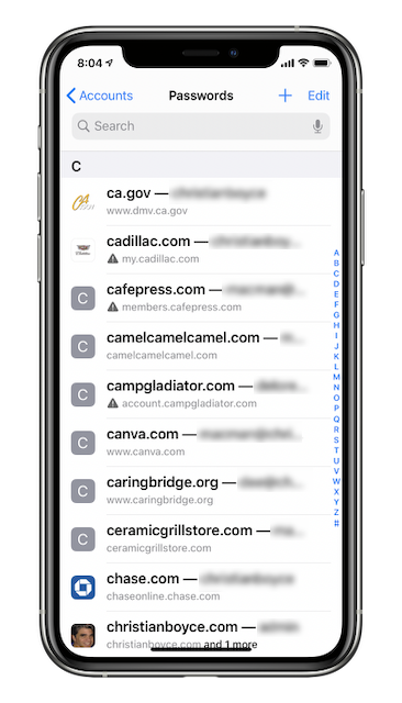 List of websites that this iPhone's stored login info for