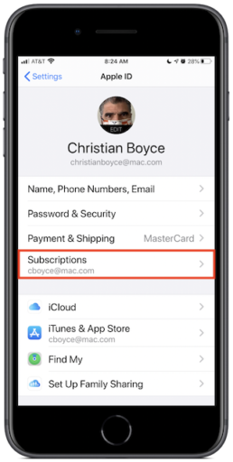 iOS Apple ID screen showing Subscriptions button
