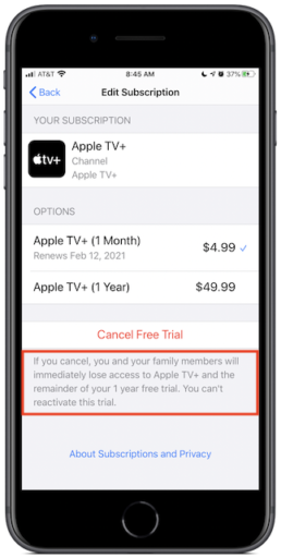 Apple TV+ free year promotion ends as soon as you click "Cancel Free Trial."