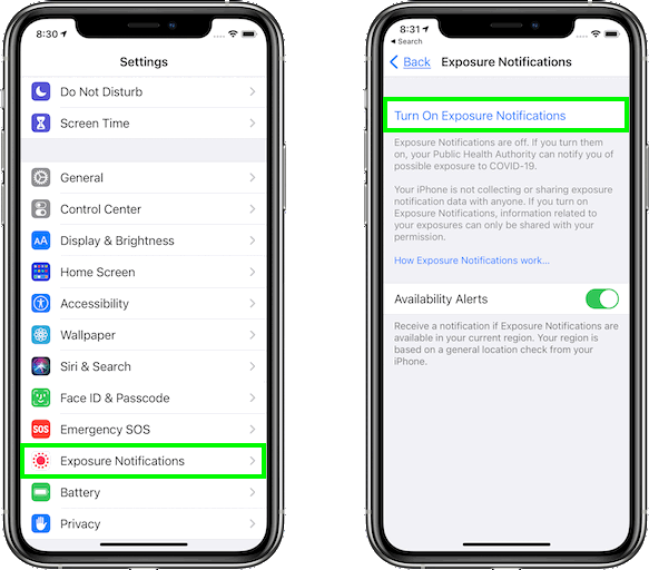 Turning Exposure Notifications ON in iOS 14